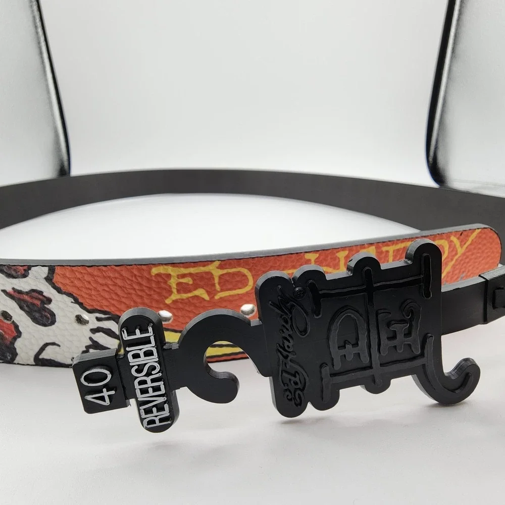 Ed Hardy‎ Surf Crazy Reversible Belt Mens Size 40 Graphic Print Metal Buckle NEW
